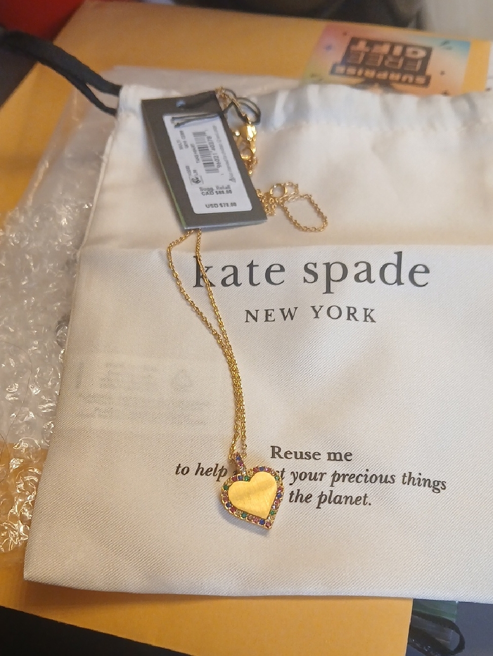 kate spade gold heart pendant necklace with multicolor stone border